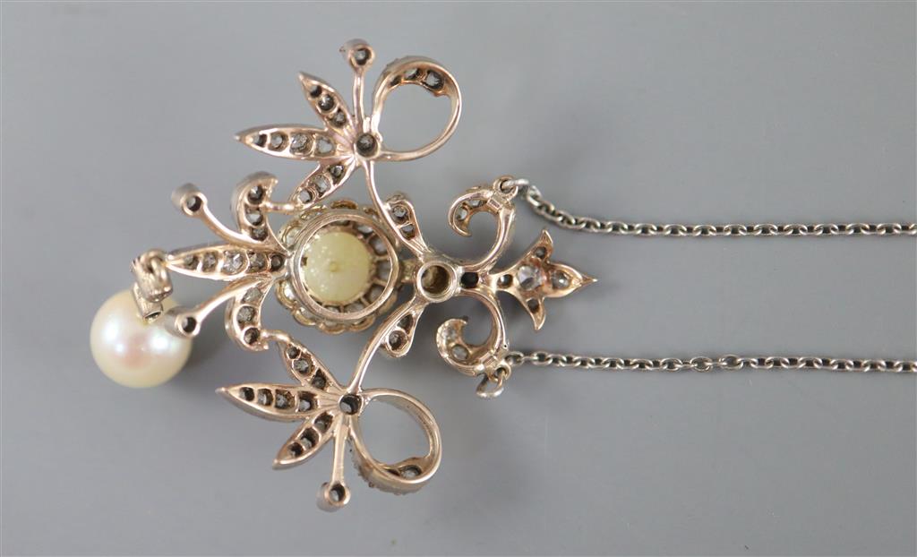 A late Victorian gold, silver, round and rose cut diamond, split pearl and drop pearl set pendant necklace,